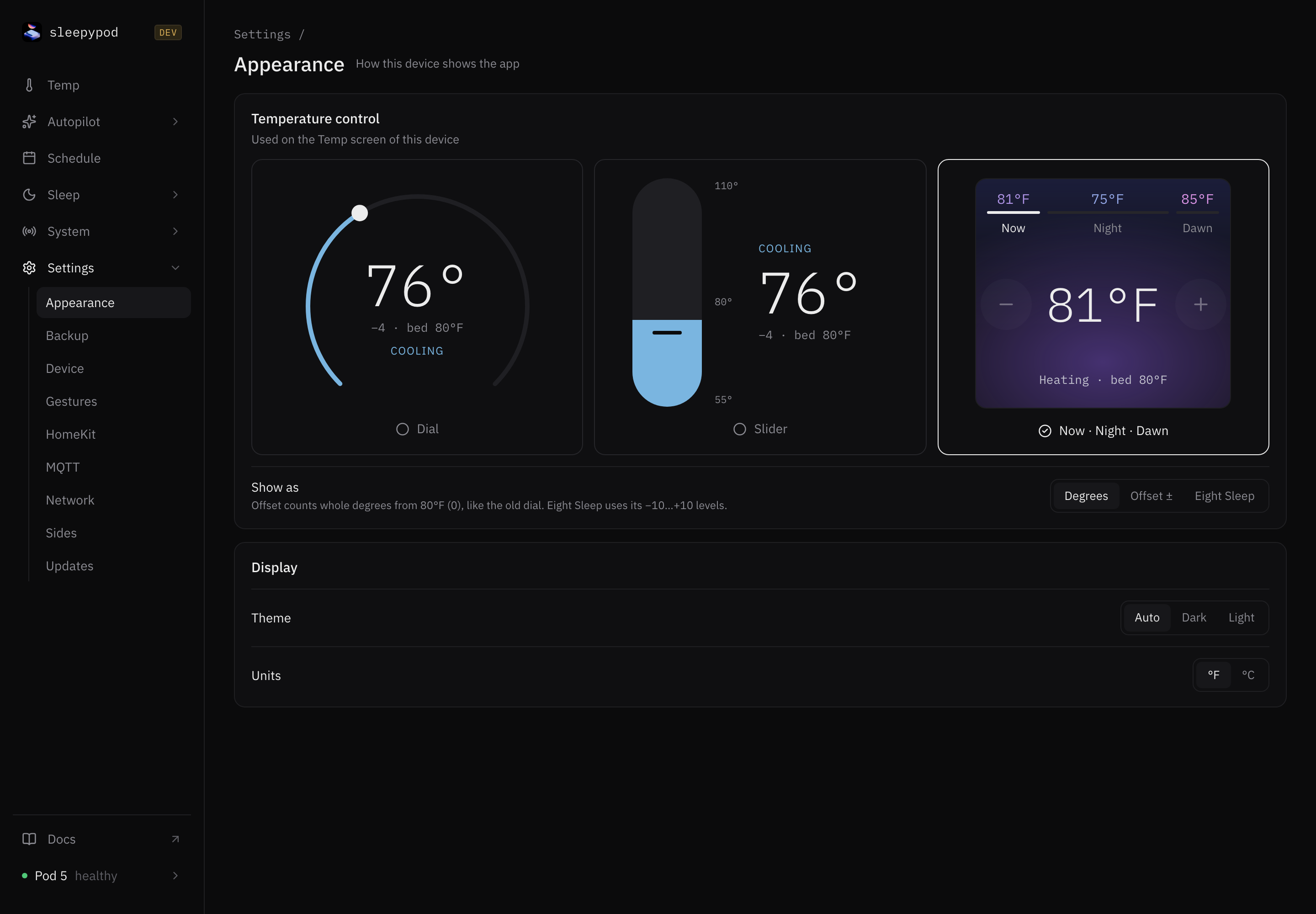 Appearance settings with dial, slider, and Now Night Dawn controls