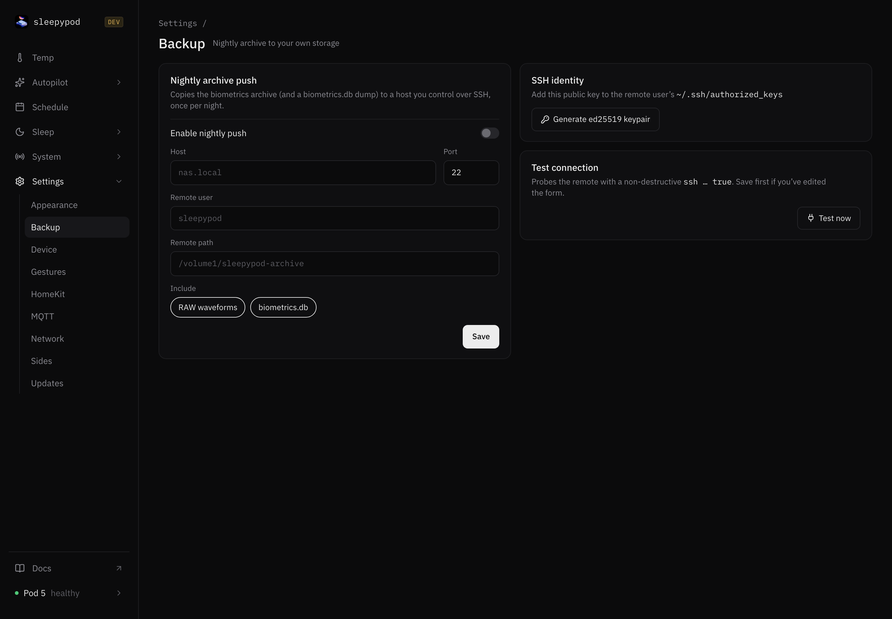 sleepypod nightly backup settings with SSH destination fields