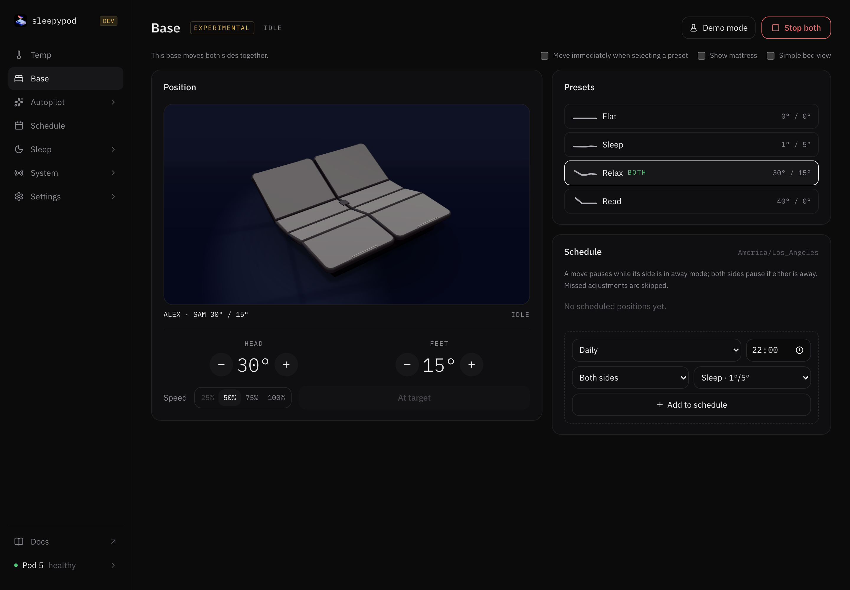 Experimental Base interface with a 3D bed, head and feet targets, movement speed, presets and Stop both