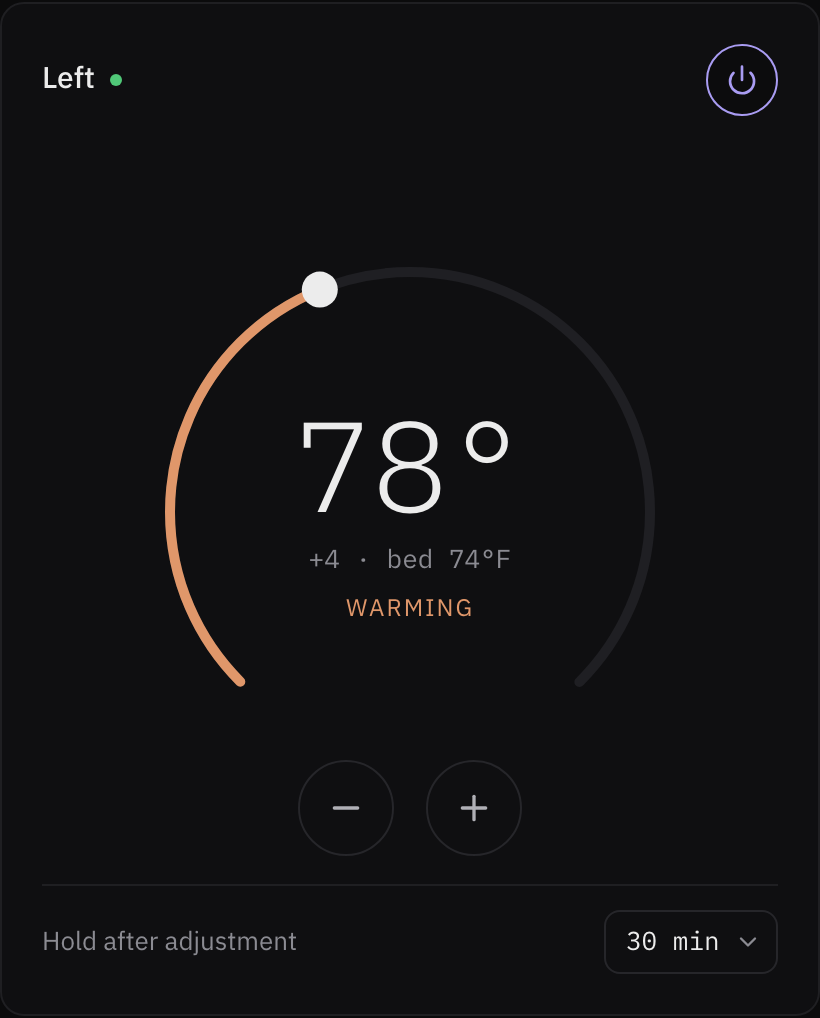 sleepypod Dial temperature control, left side set to 78°F