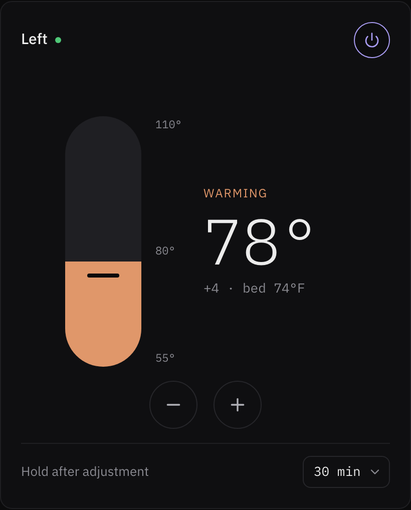 sleepypod Slider temperature control, left side set to 78°F