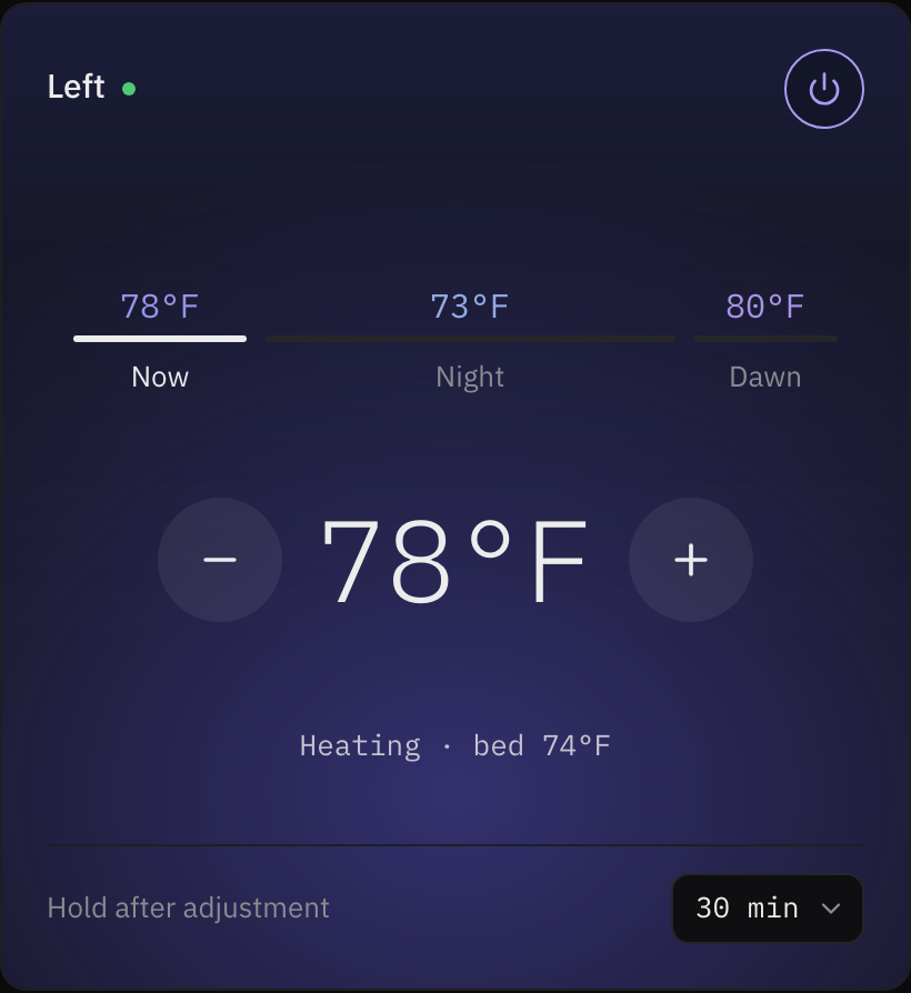 sleepypod Now · Night · Dawn temperature control, left side set to 78°F