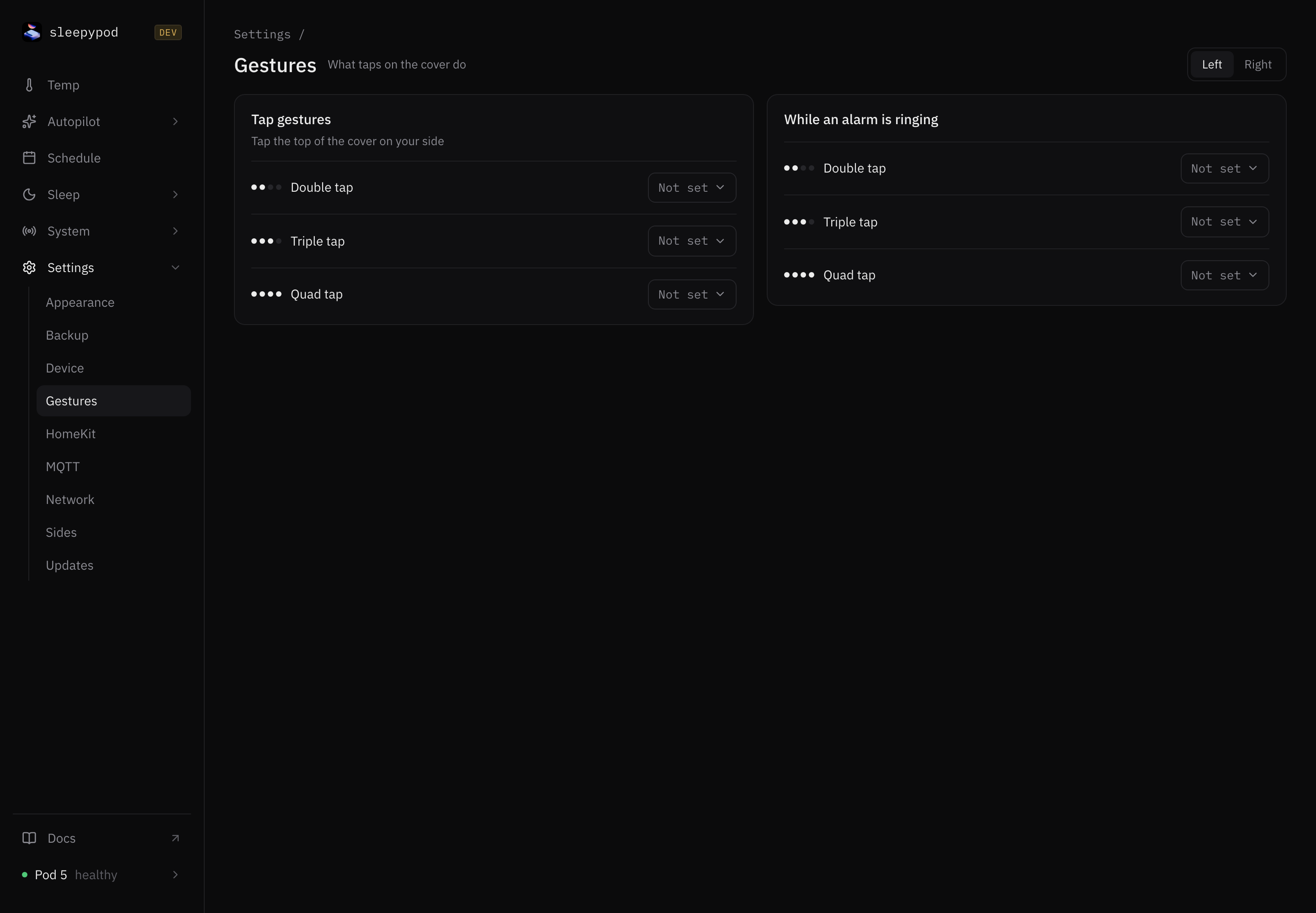 sleepypod cover gesture settings for the selected side