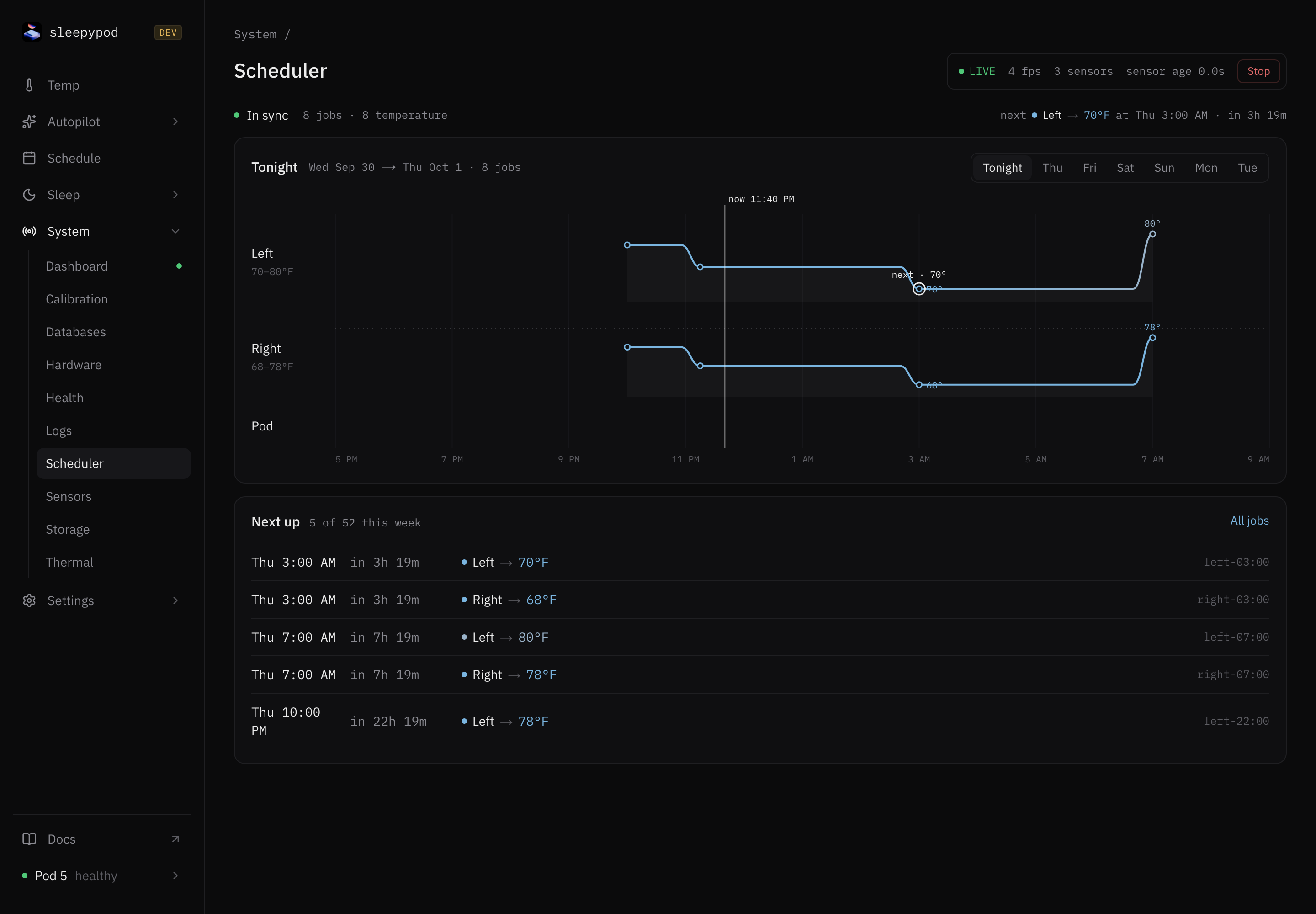 sleepypod Scheduler view with upcoming temperature jobs for both sides
