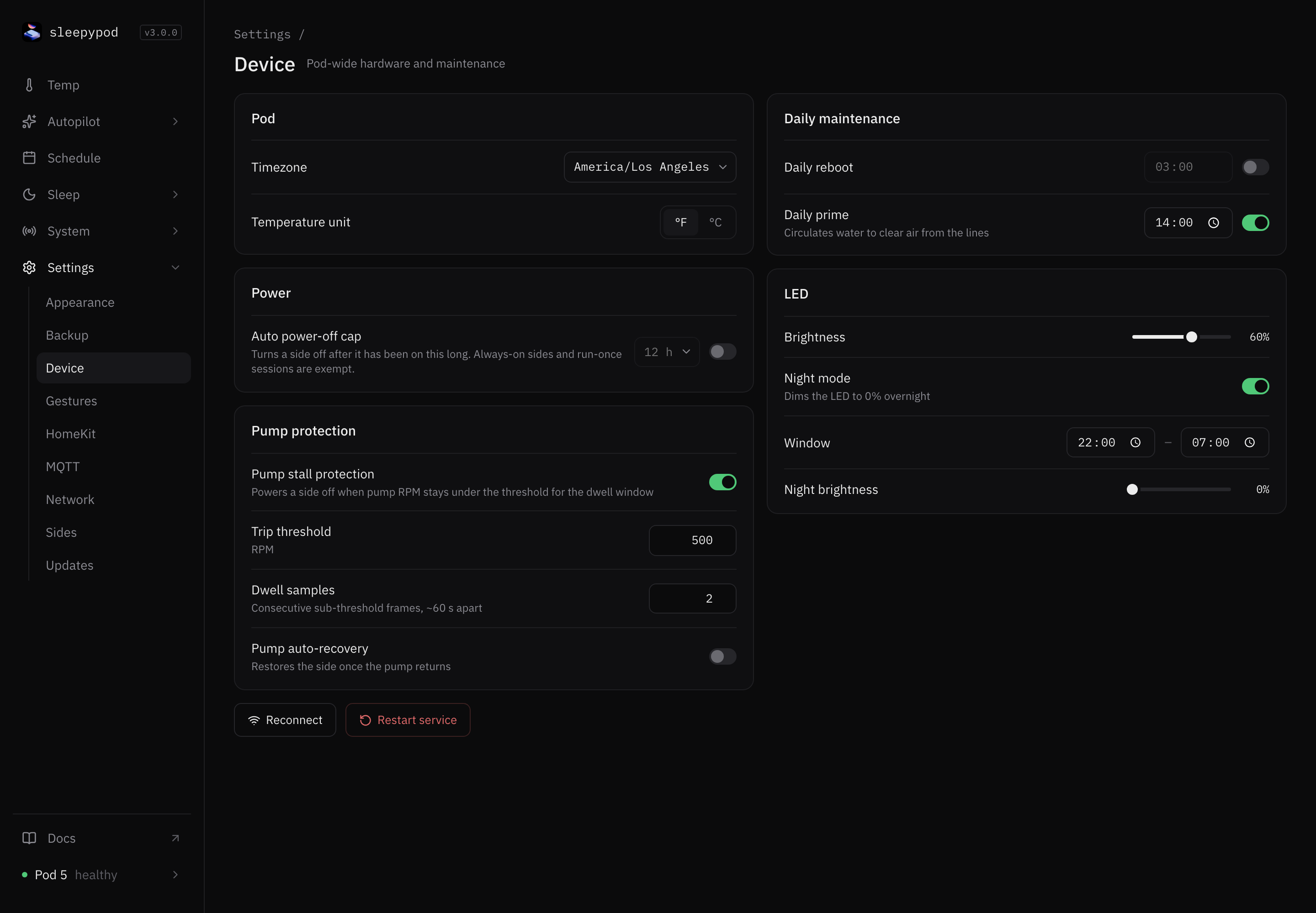 Device settings with timezone, temperature unit, auto power-off cap, pump stall protection, daily maintenance, and LED cards
