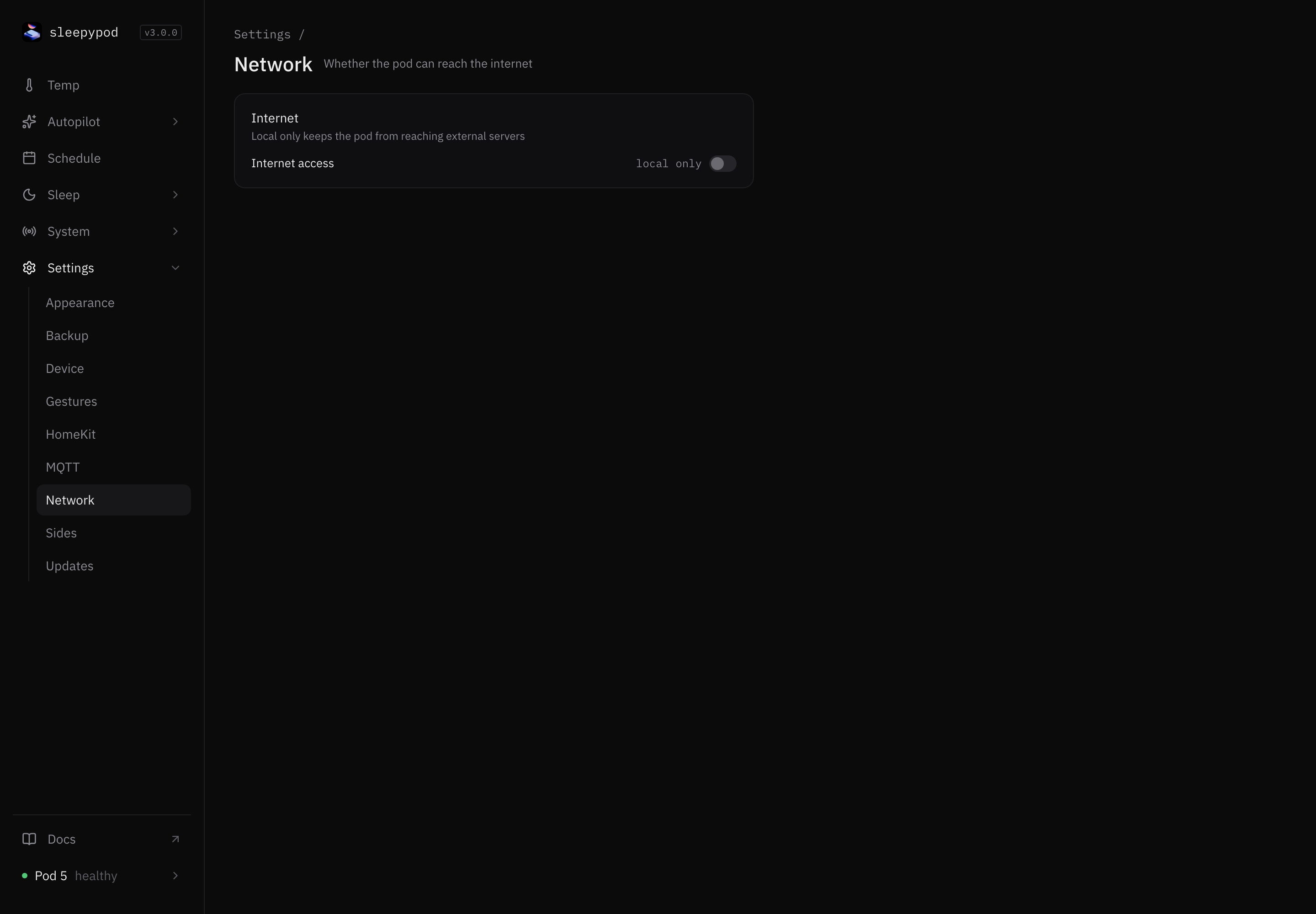 Network settings with the Internet card and the Internet access switch set to local only