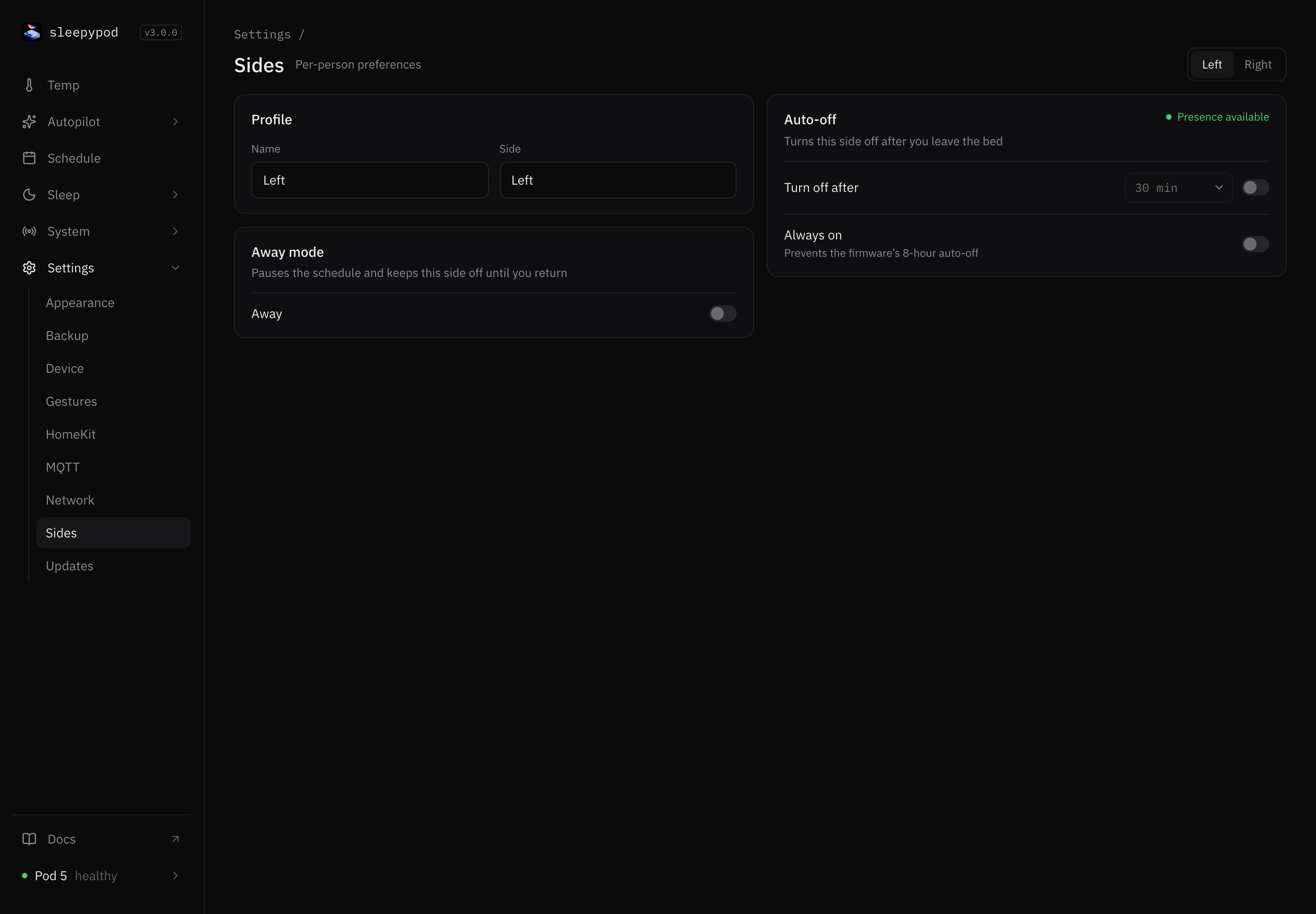 Sides settings for the left side: profile name, Away mode, and Auto-off with presence available and Always on