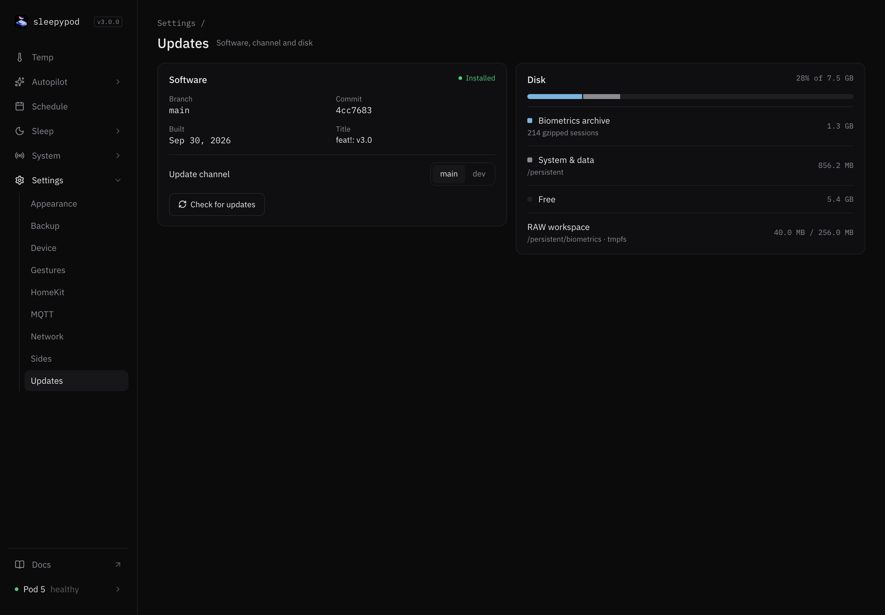 Updates settings with the Software card showing branch main and a commit, the update channel, Check for updates, and the Disk card