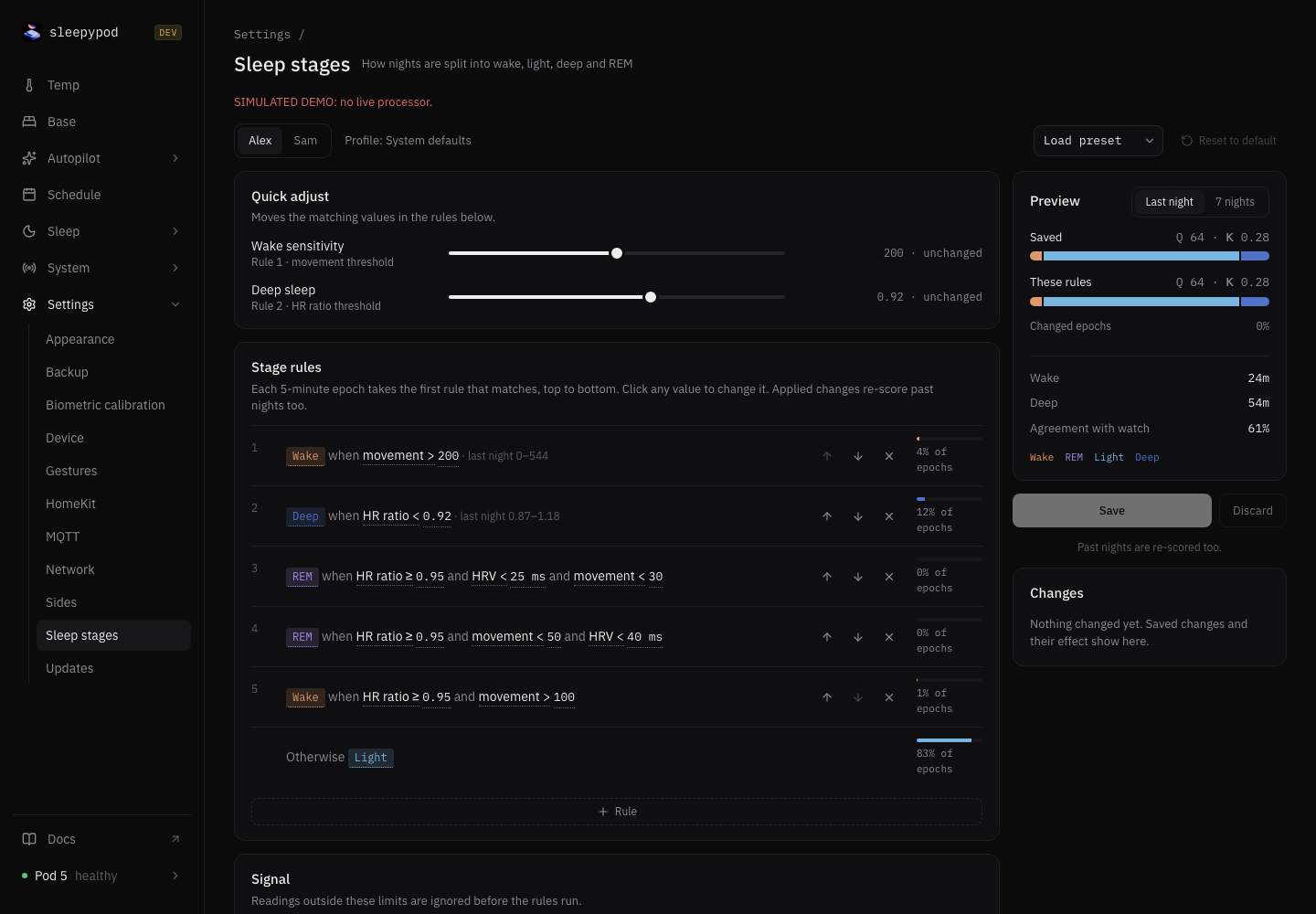 Sleep stages settings with Wake sensitivity and Deep sleep sliders, ordered rules, a saved-versus-draft preview, and a change log