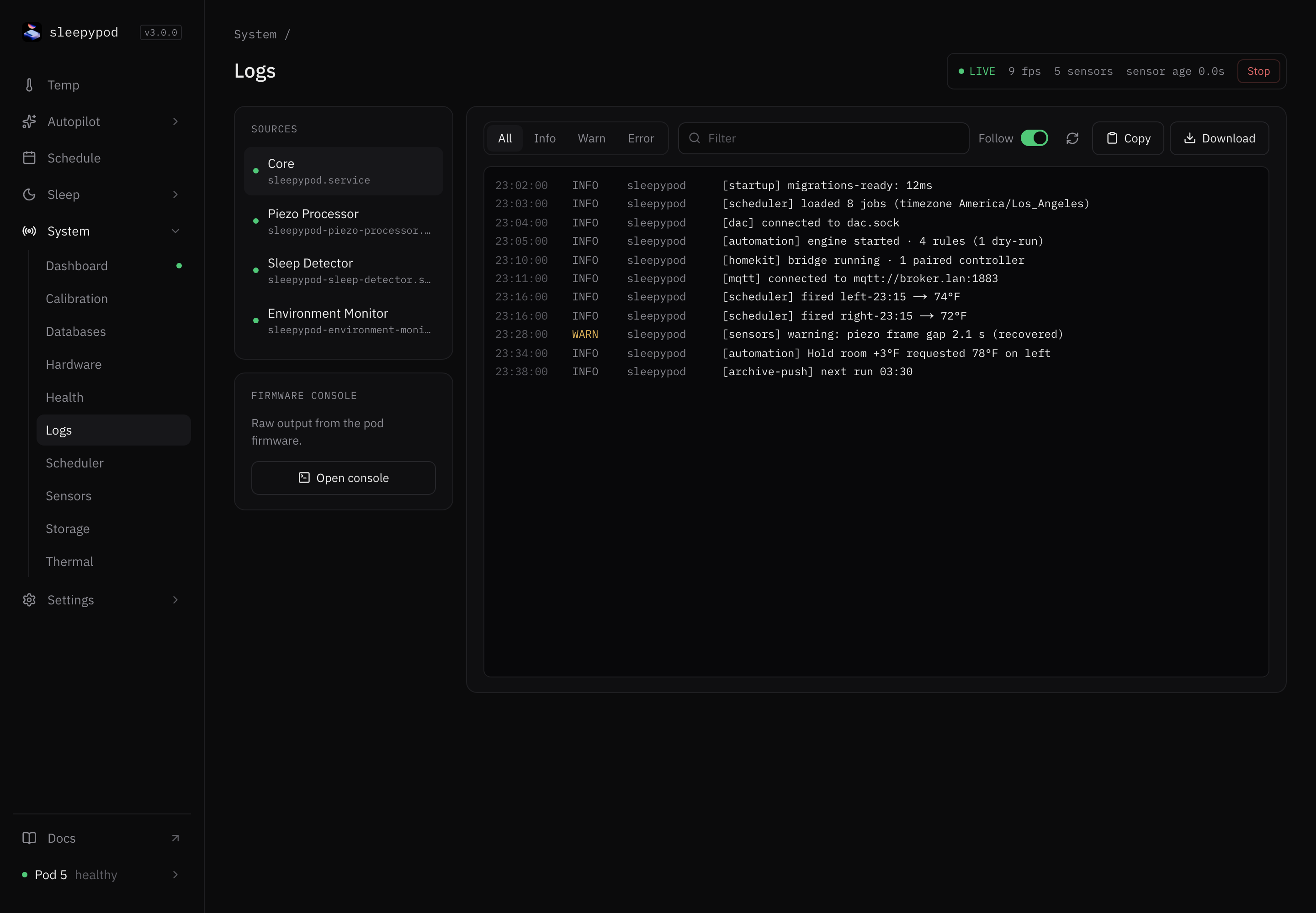 Logs page with Core, Piezo Processor, Sleep Detector, and Environment Monitor sources, the firmware console, and the log viewer with level filters