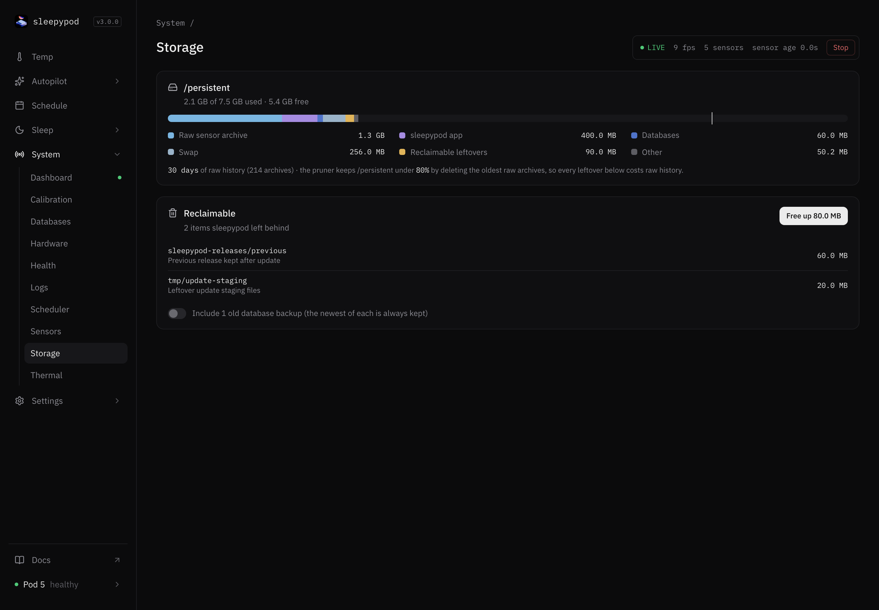 Storage page with a usage bar split into raw sensor archive, app, databases, swap, reclaimable leftovers, and other, and a Reclaimable list with Free up