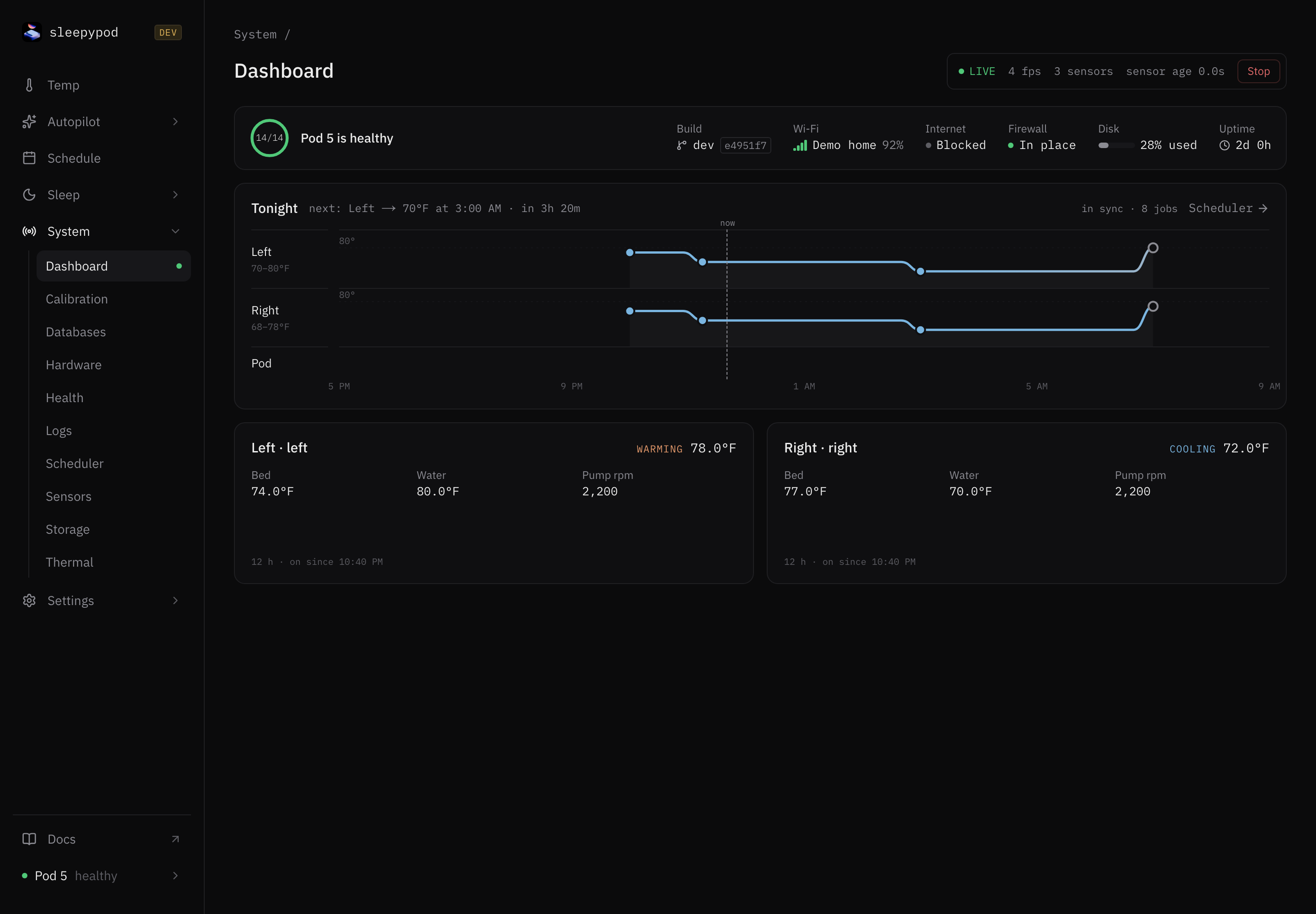 sleepypod System Dashboard showing operating state and scheduled activity