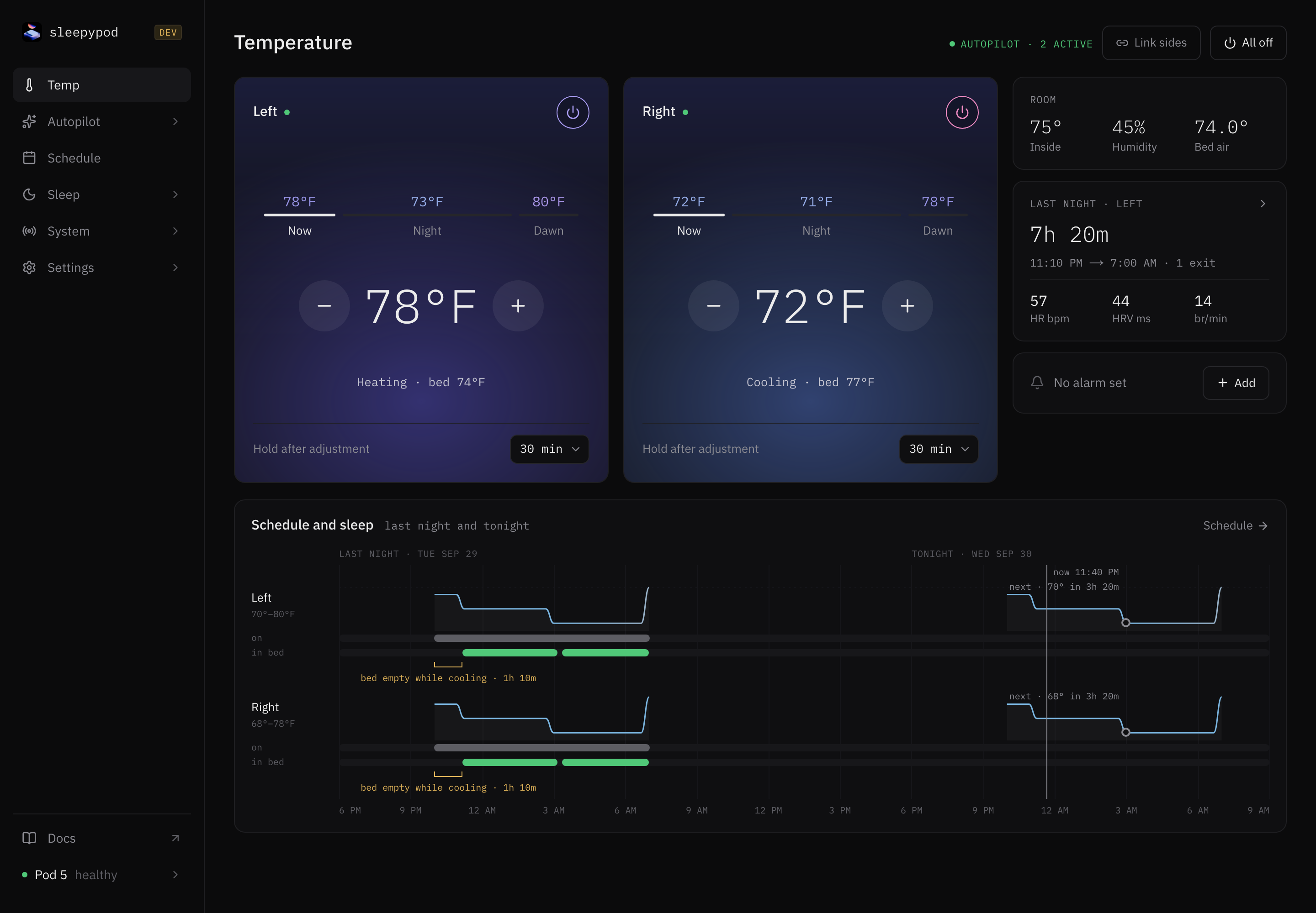 sleepypod Core web app with side-by-side temperature controls and the overnight timeline