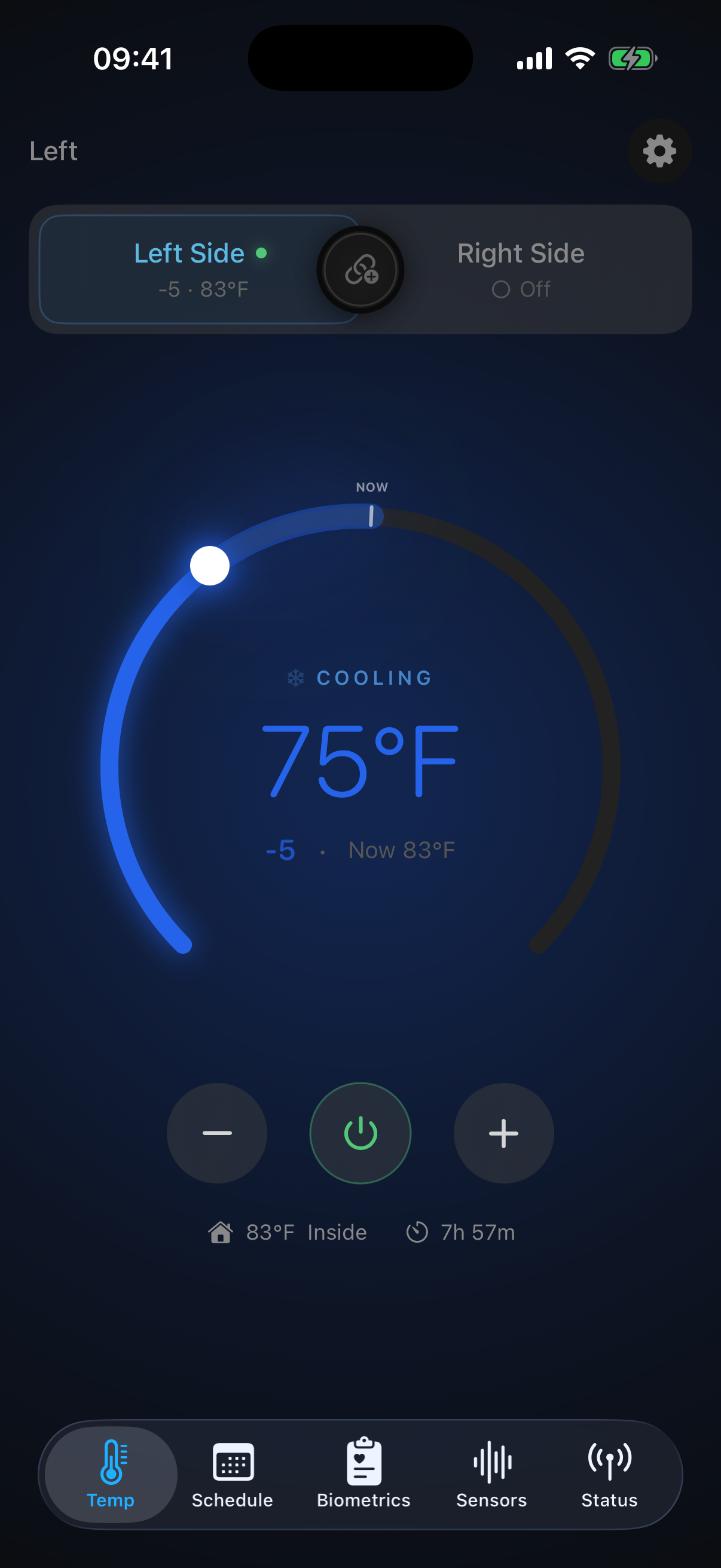 sleepypod iOS temperature screen set to 75 degrees Fahrenheit